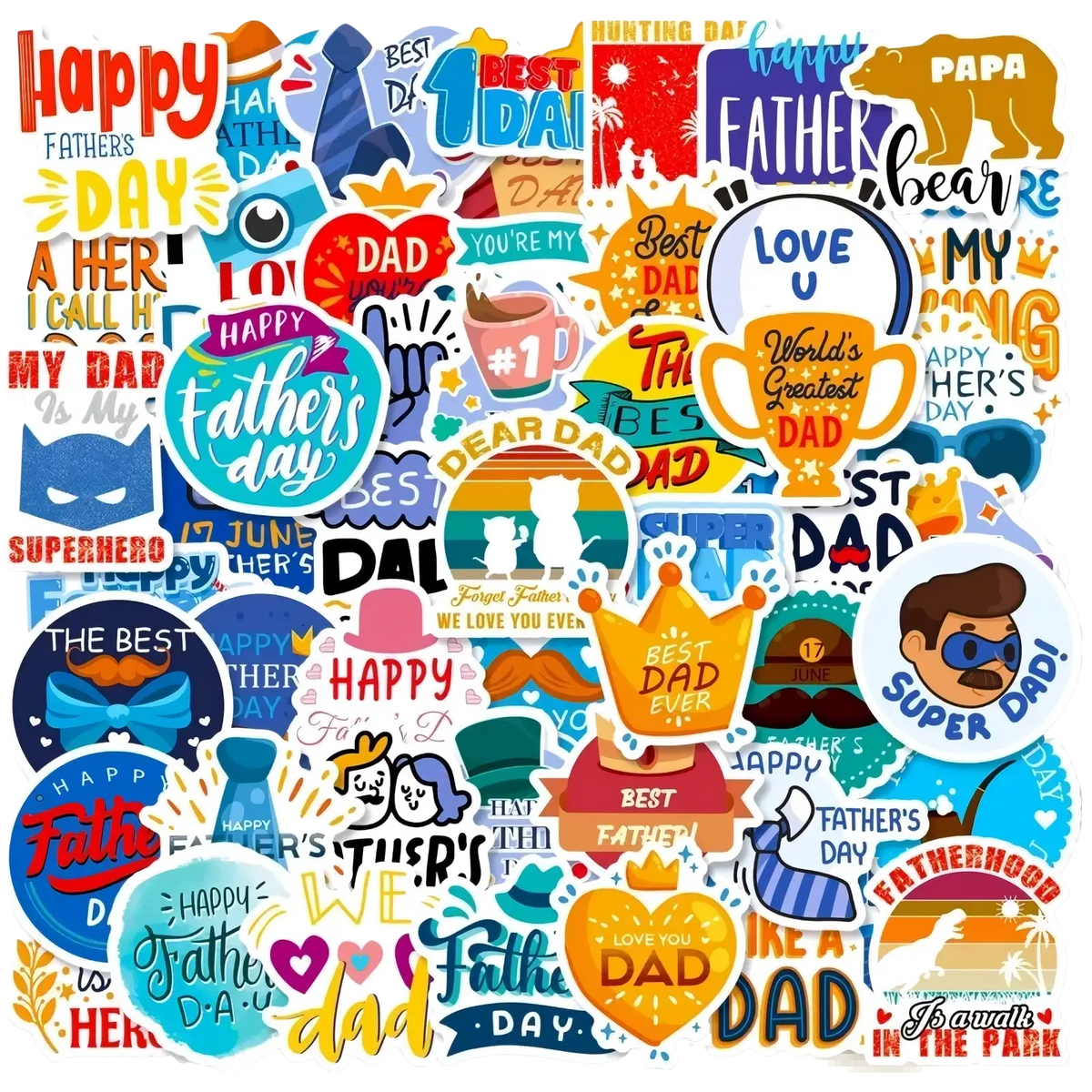 Father’s Day stickers 50 pack featuring colorful designs, playful fonts, and cheerful dad-themed graphics
