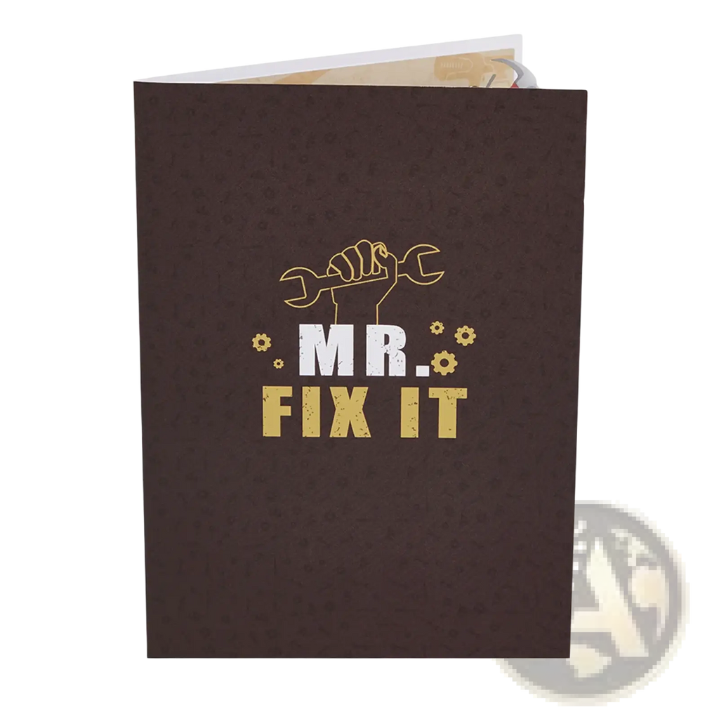 Brown father’s day toolbox 3d pop up greeting card with gold and white mr text on the front cover