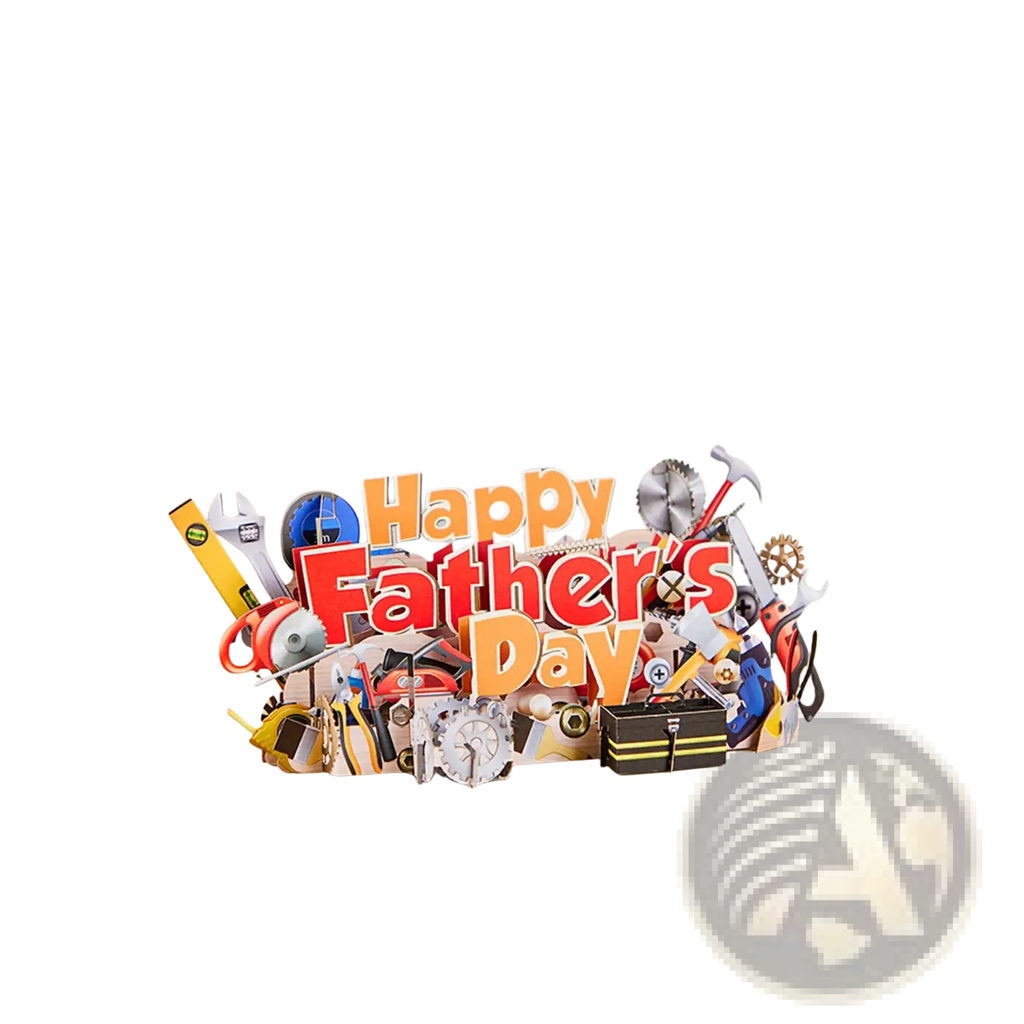 Colorful three-dimensional fathers day toolbox pop up greeting card with bold red and orange lettering and tool cutouts