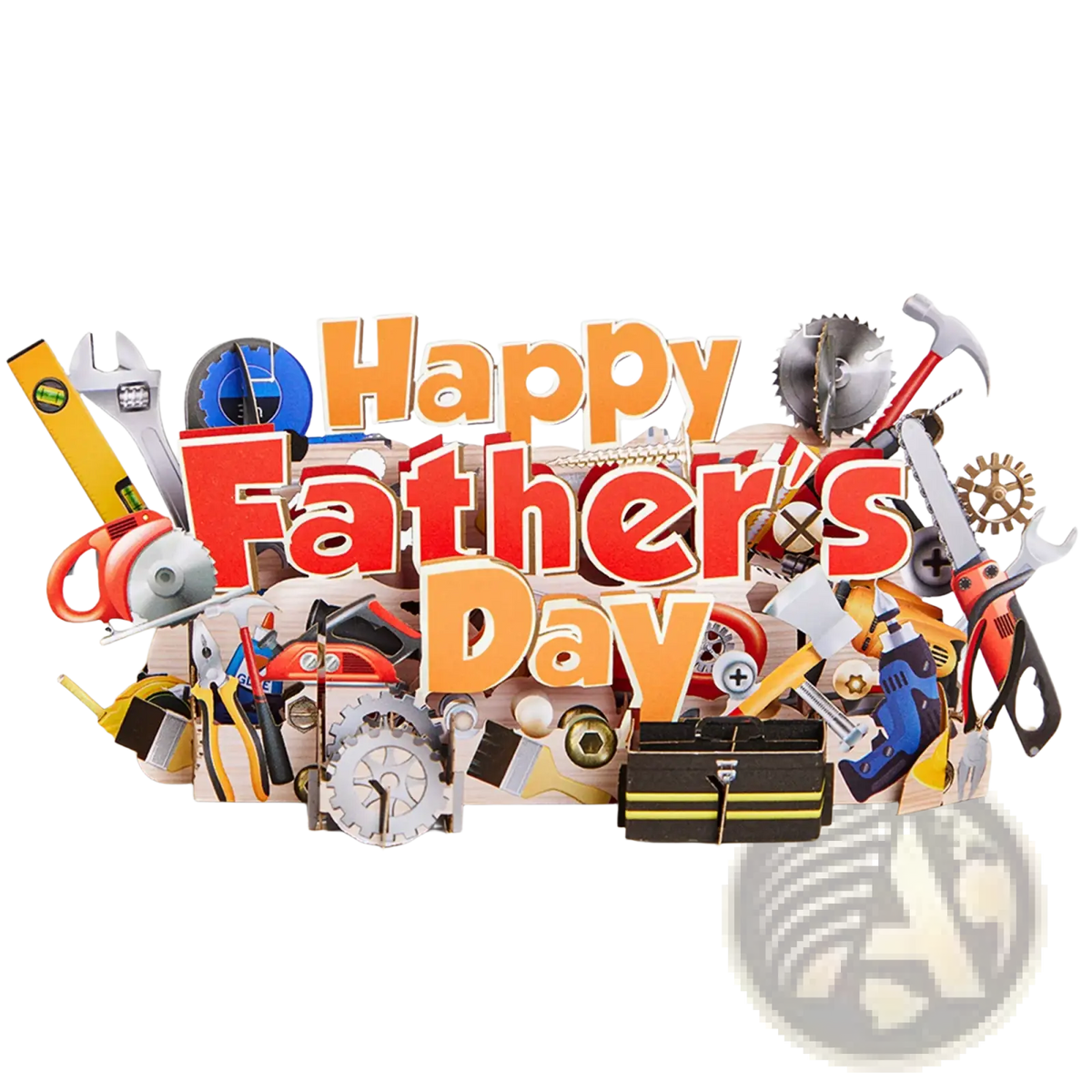 Colorful three-dimensional fathers day toolbox 3d pop up greeting card with bold orange and red lettering and miniature tools