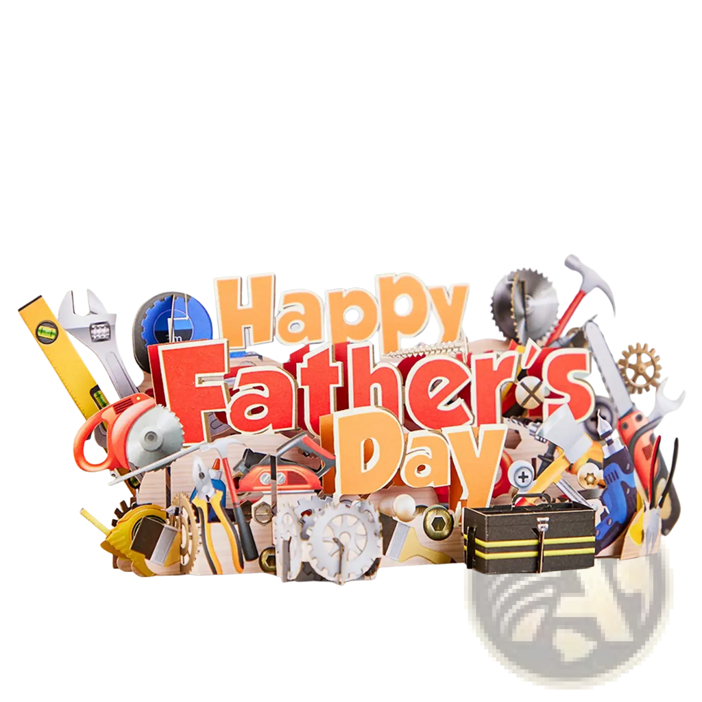 Father’s Day toolbox 3d pop up greeting card with bold orange and red lettering and paper miniature tools design