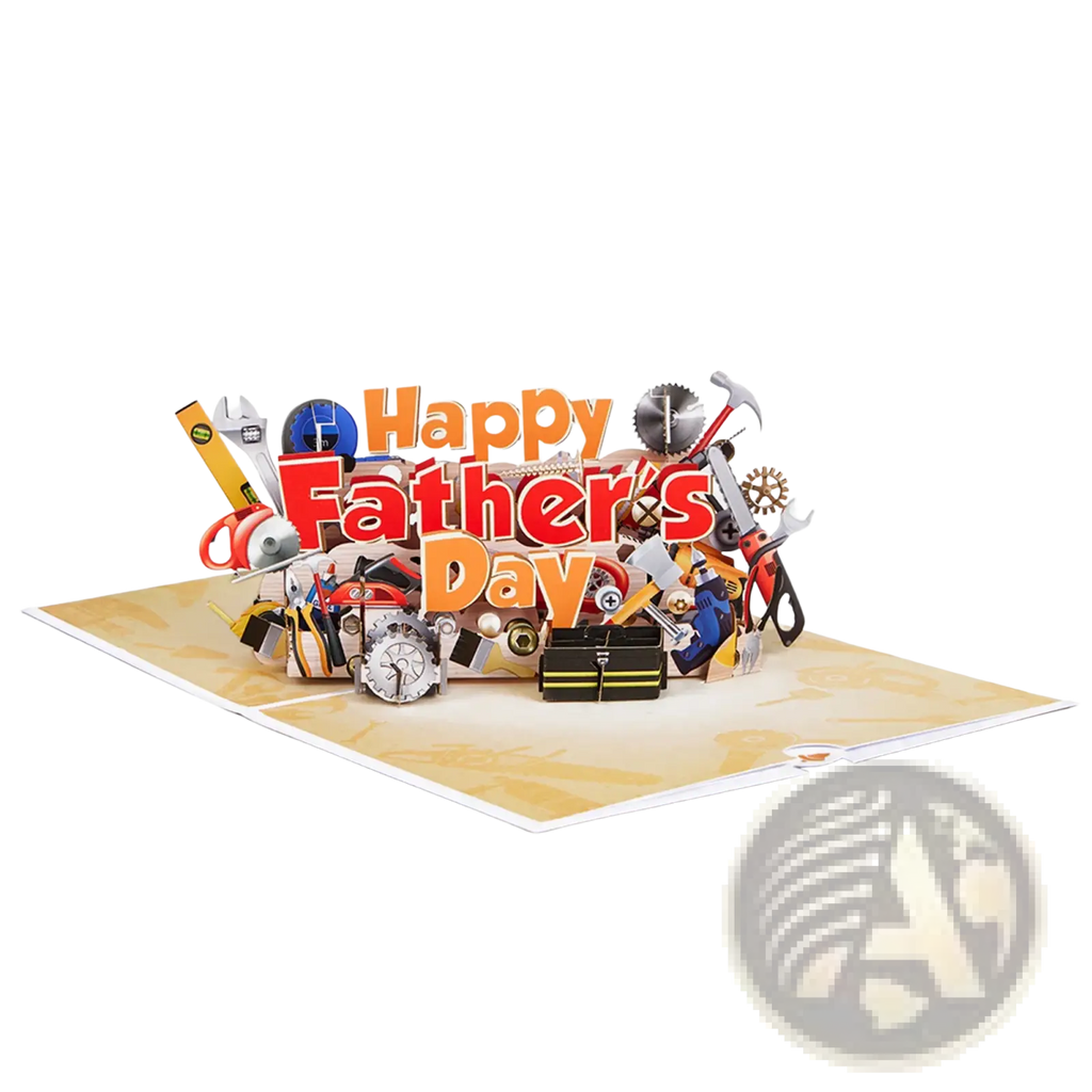 Father’s day toolbox 3d pop up greeting card with vibrant red and orange happy fathers day and colorful tools design