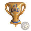 Golden foil trophy balloon with #1 dad text and blue white laurel wreaths for fathers day trophy balloon set
