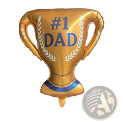 Golden foil trophy balloon with #1 dad text and blue white laurel wreaths for fathers day trophy balloon set