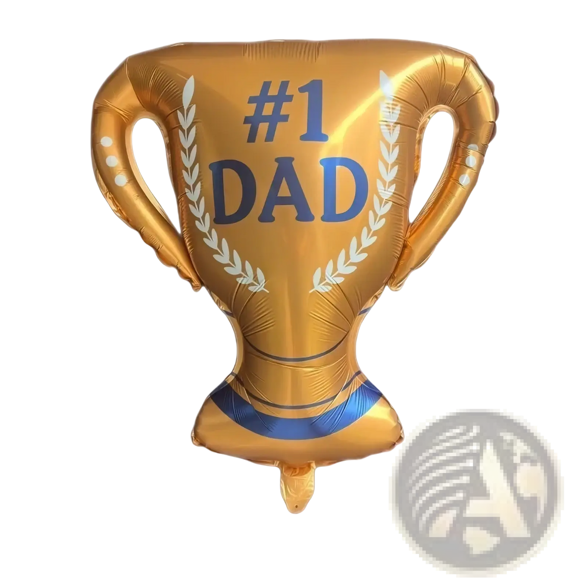 Golden foil trophy balloon with #1 dad text and blue white laurel wreaths for fathers day trophy balloon set