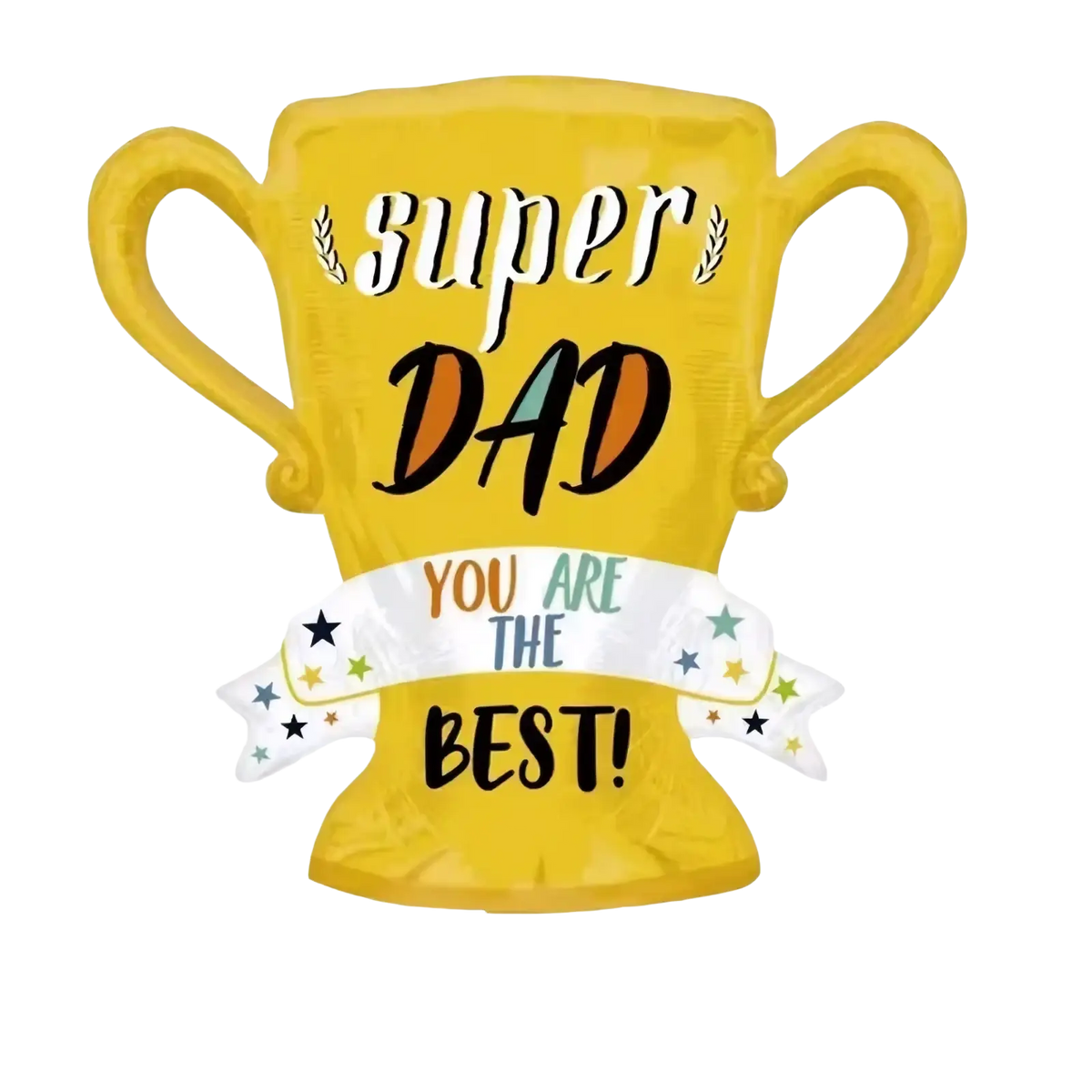 A vibrant yellow foil trophy balloon with super dad and you are the best banners for Father’s Day celebration