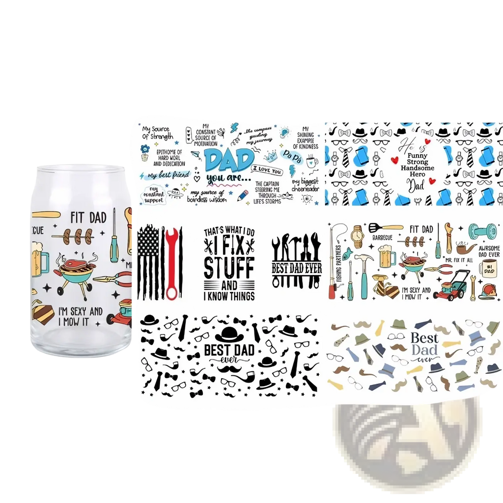 Clear glass tumbler with colorful father’s day uv dtf cup wrap sticker decal featuring tools and fit dad text