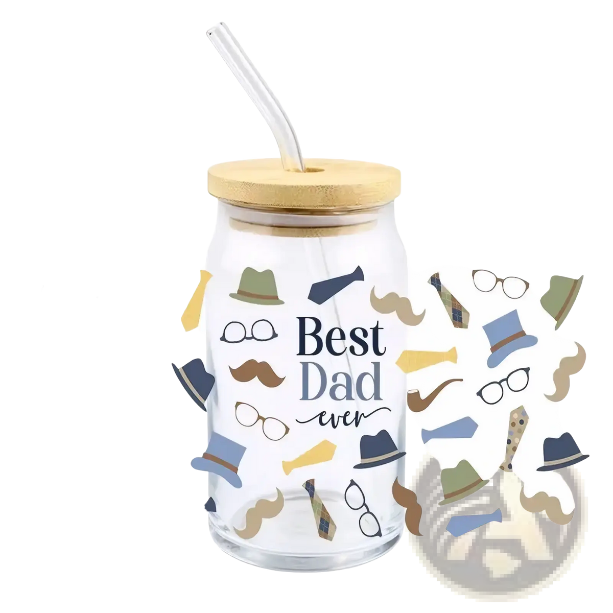 Clear glass tumbler with bamboo lid and straw featuring best dad ever navy script and illustrated hats ties glasses mustaches