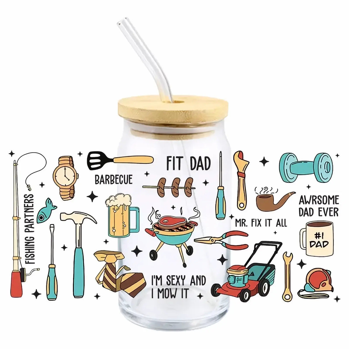 Clear glass tumbler with bamboo lid and straw featuring colorful dad-themed cartoon illustrations and text for Father’s Day