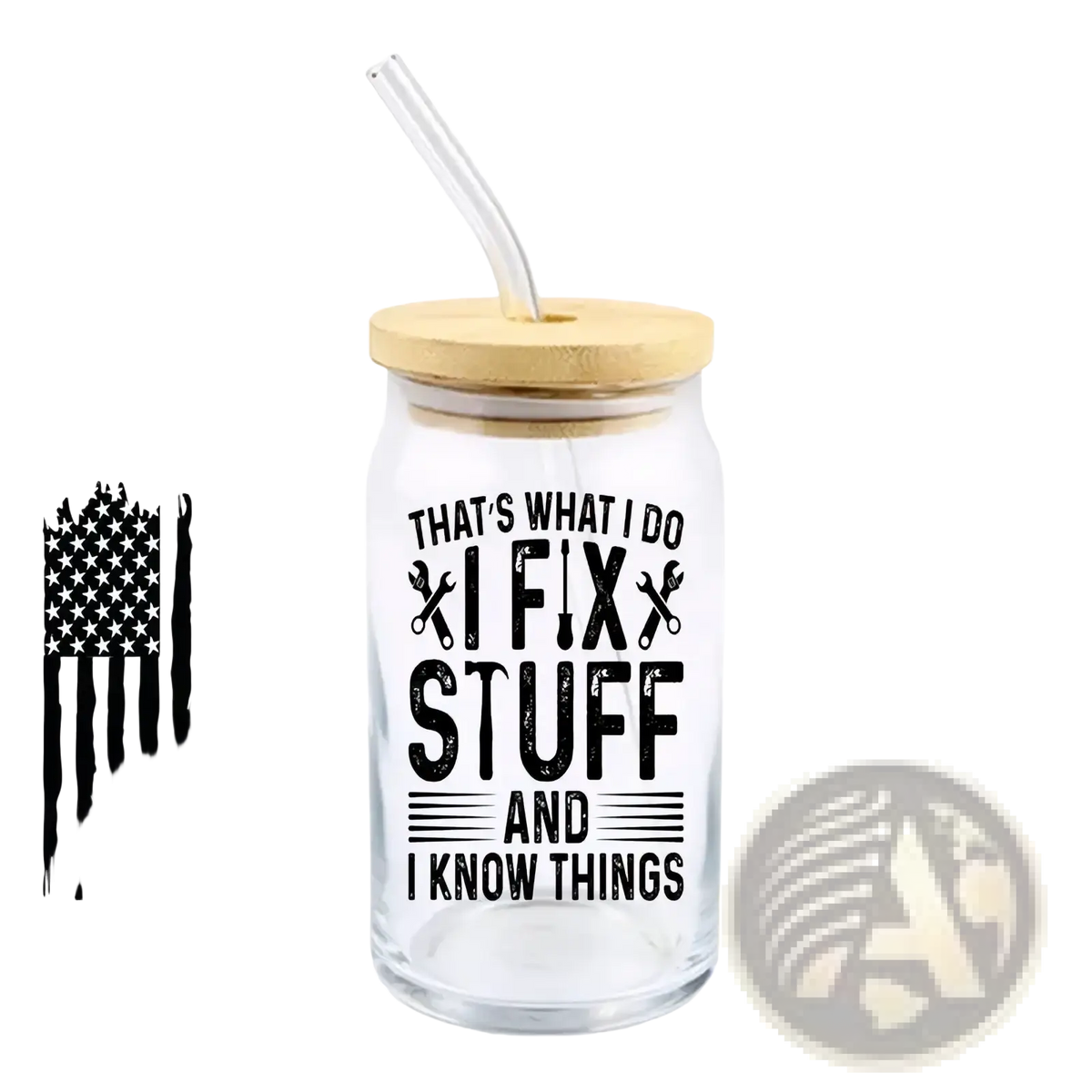 Clear glass tumbler with bamboo lid and straw featuring black printed text and tool icons father’s day uv dtf cup wrap decal
