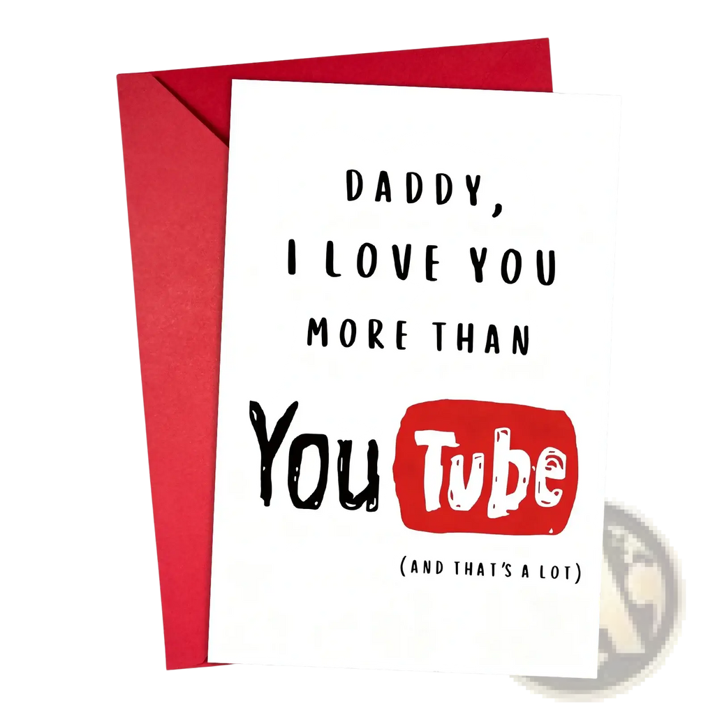 White father’s day youtube greeting card set with black text and red youtube logo expressing love for daddy