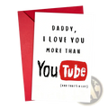 White father’s day youtube greeting card set with black text and red youtube logo expressing love for daddy