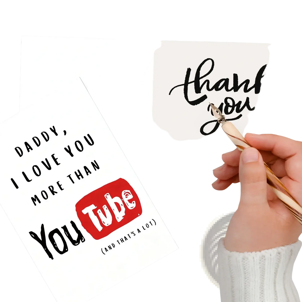 White father’s day youtube greeting card with black text expressing love and a red youtube logo on the front