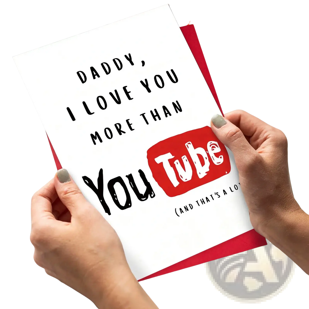 White father’s day greeting card with red border and black text featuring the youtube logo and love message for daddy
