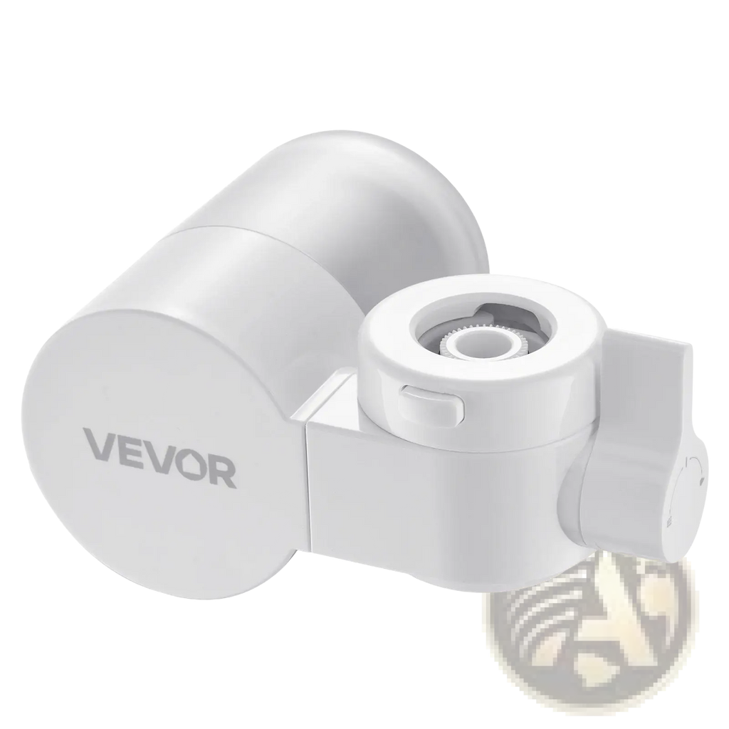 White vevor faucet mount water filter with sleek cylindrical design and rotating dial for easy kitchen purification