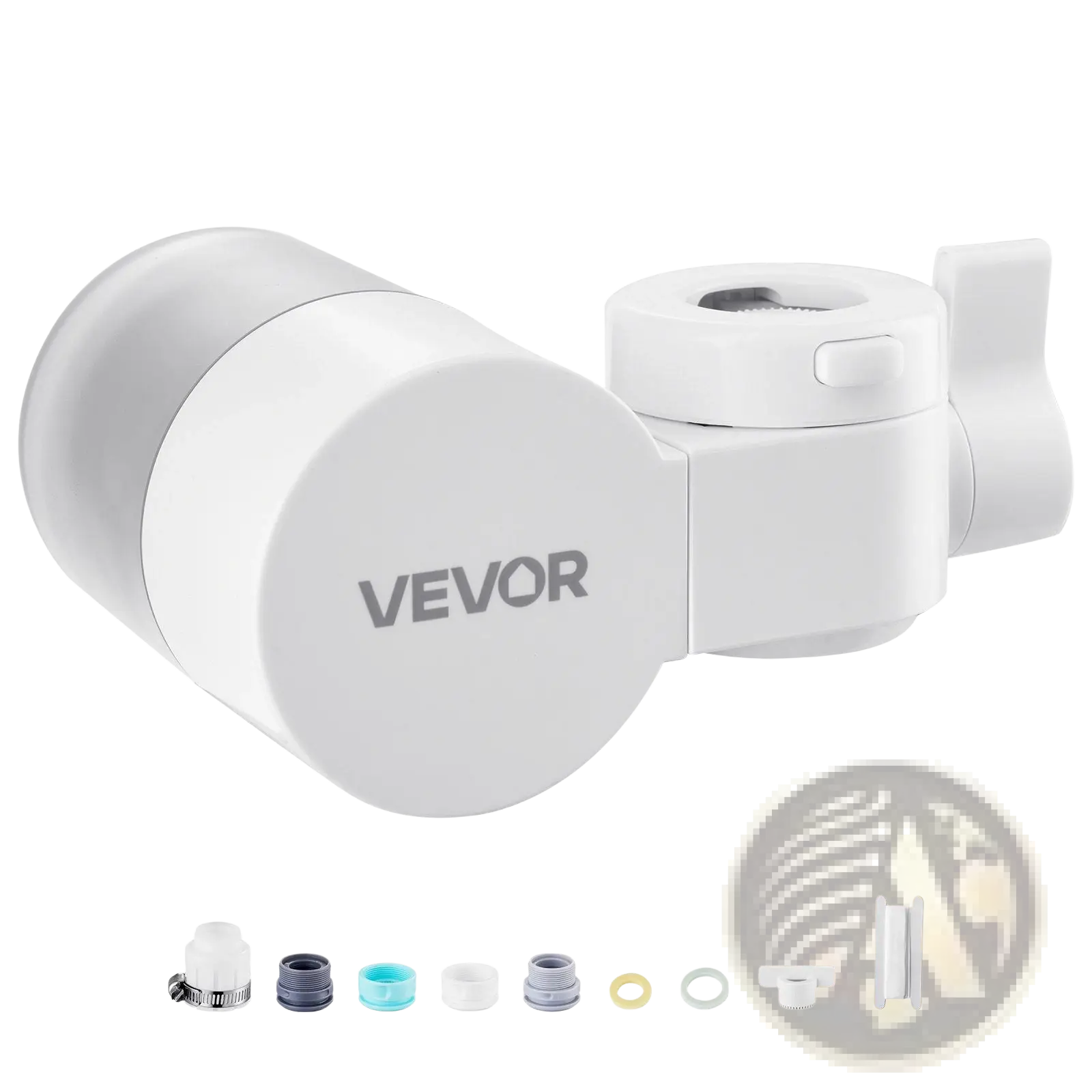 White plastic vevoor faucet mount water filter with cylindrical body and integrated handle for kitchen purification