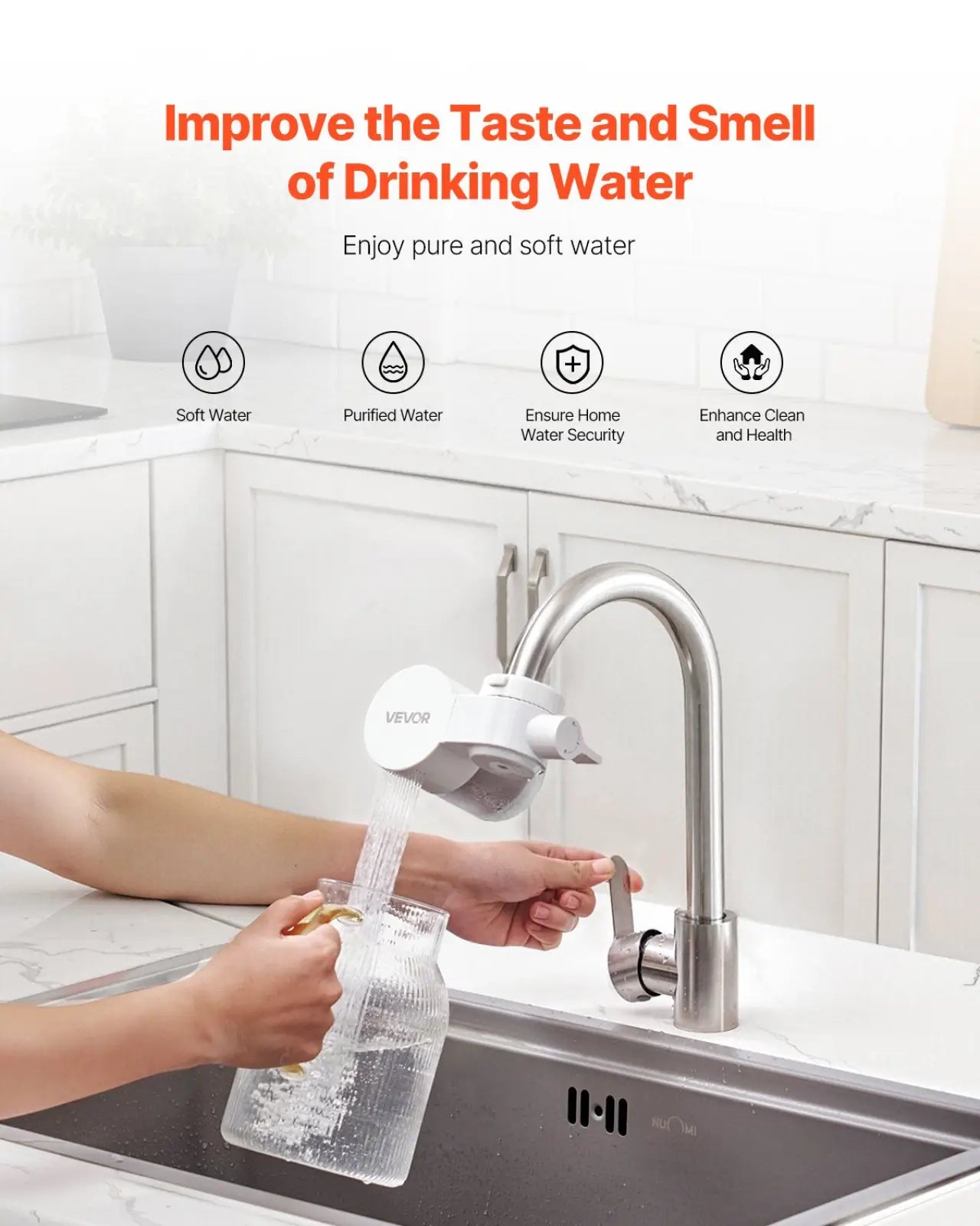 White vevor faucet mount water filter with sleek modern design and metallic accents for kitchen purification