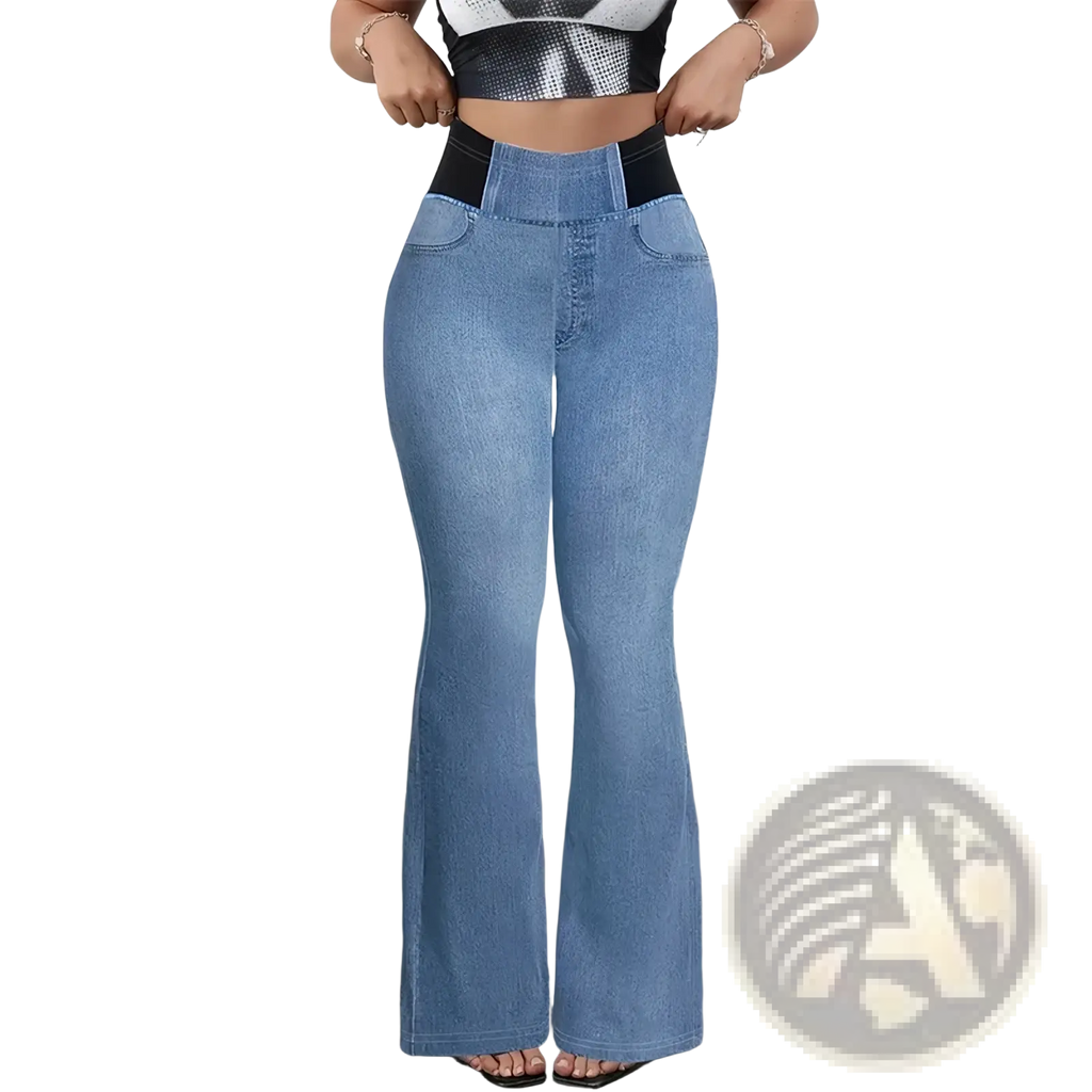 Light blue faux denim high waist flare pants with black elastic waistband in non-denim fabric front view