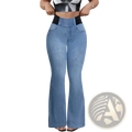 Light blue faux denim high waist flare pants with black elastic waistband in non-denim fabric front view