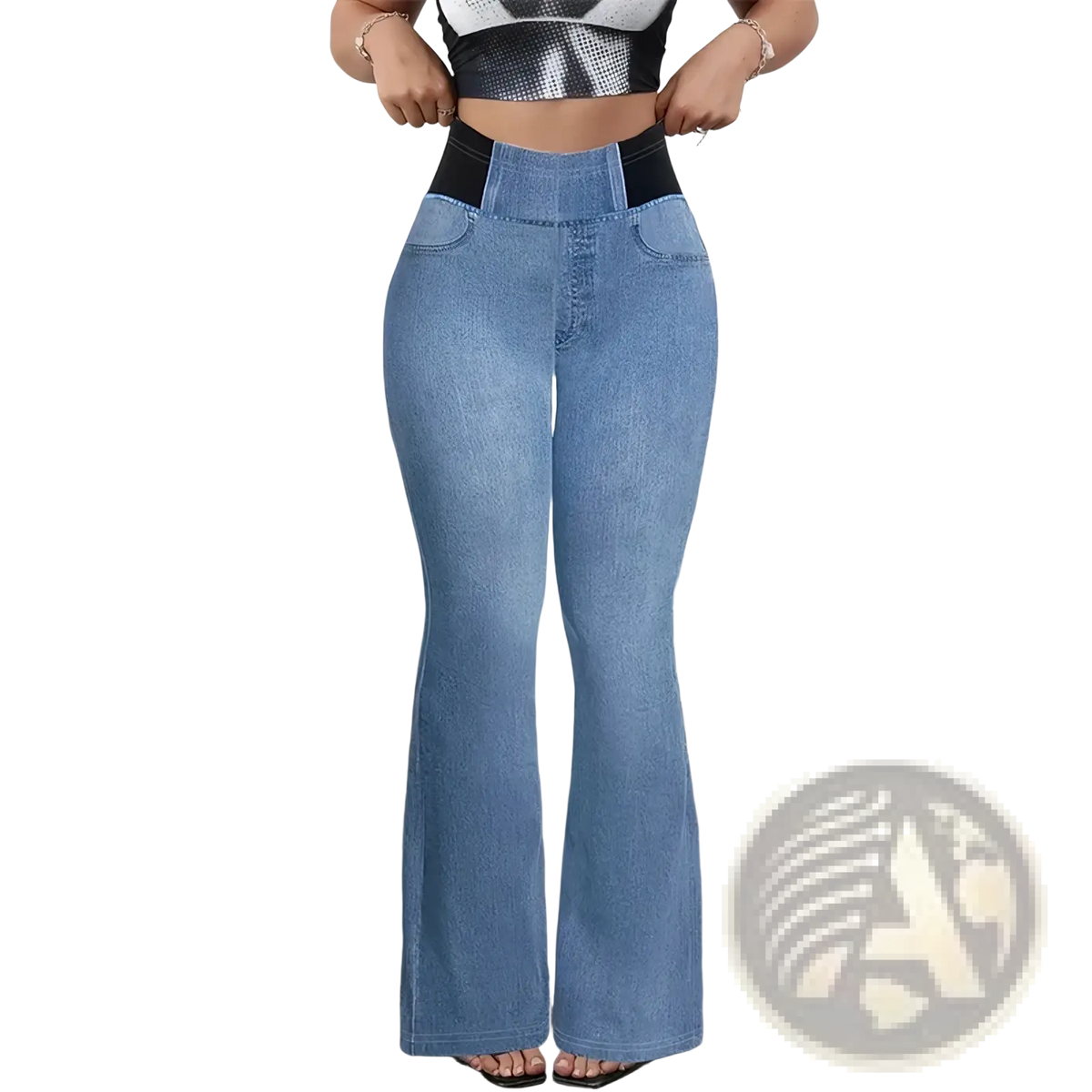 Light blue faux denim high waist flare pants with black elastic waistband in non-denim fabric front view