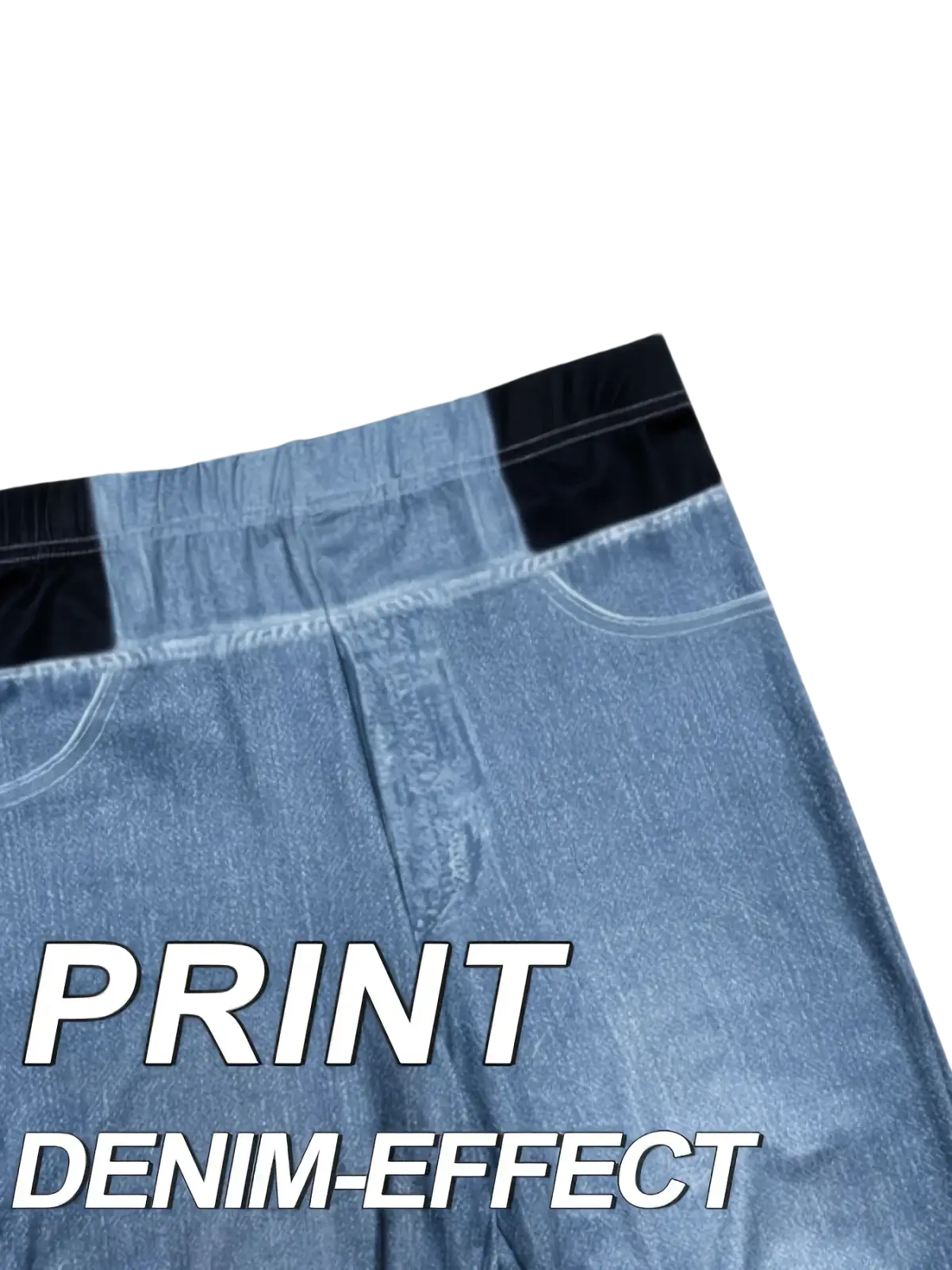 Light blue faux denim high waist flare pants with denim effect print and black elastic waistband