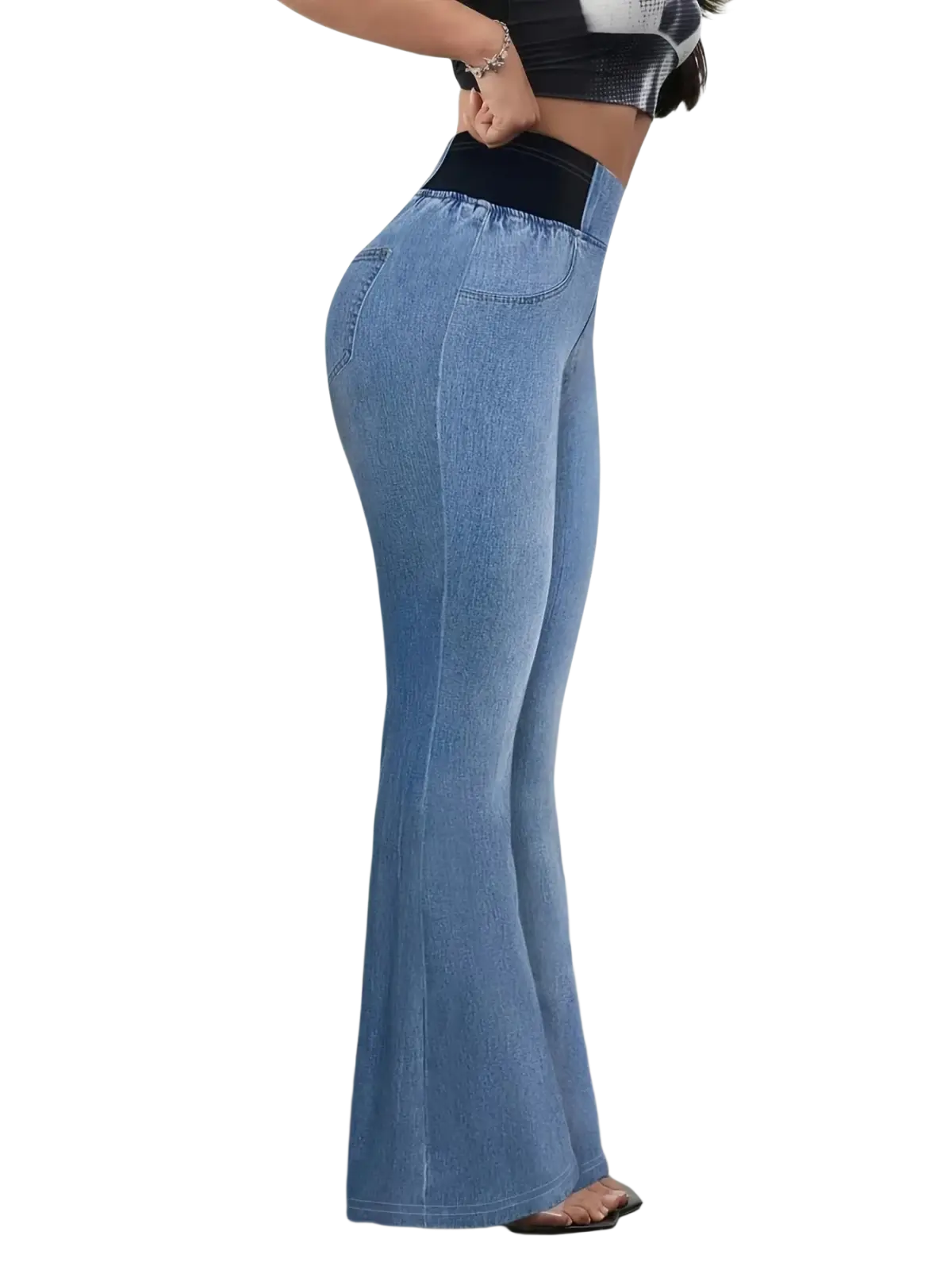 Light blue faux denim high waist flare pants made of stretchy non-denim fabric with a black elastic waistband