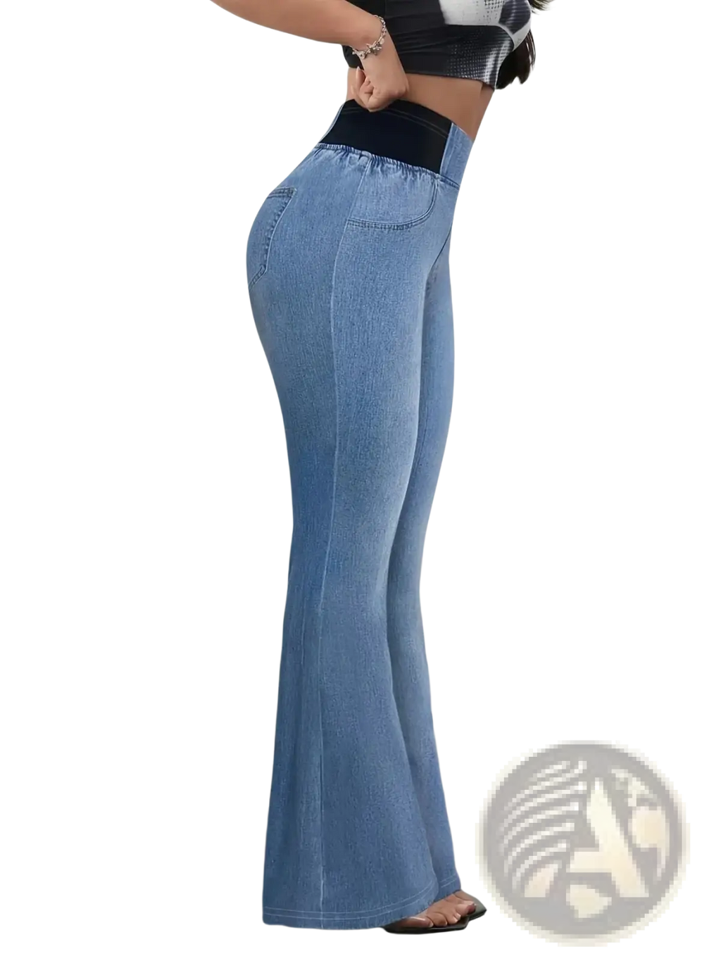 Light blue faux denim high waist flare pants made of stretchy non-denim fabric with a black elastic waistband