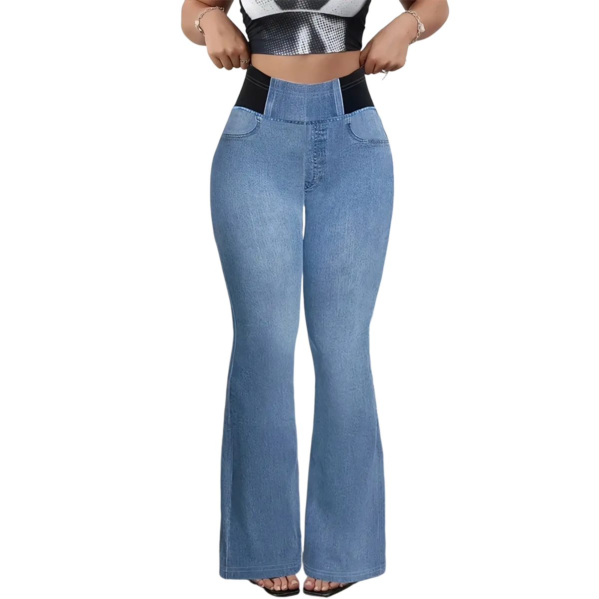 Light blue faux denim high waist flare pants with black elastic waistband in non-denim fabric front view