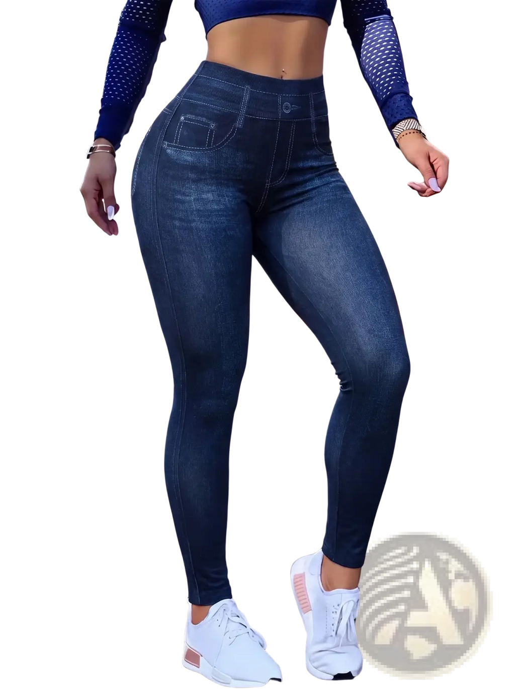 Dark blue high waist ankle length faux denim leggings with subtle denim texture and front pocket detail