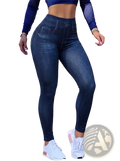 Dark blue high waist ankle length faux denim leggings with subtle denim texture and front pocket detail