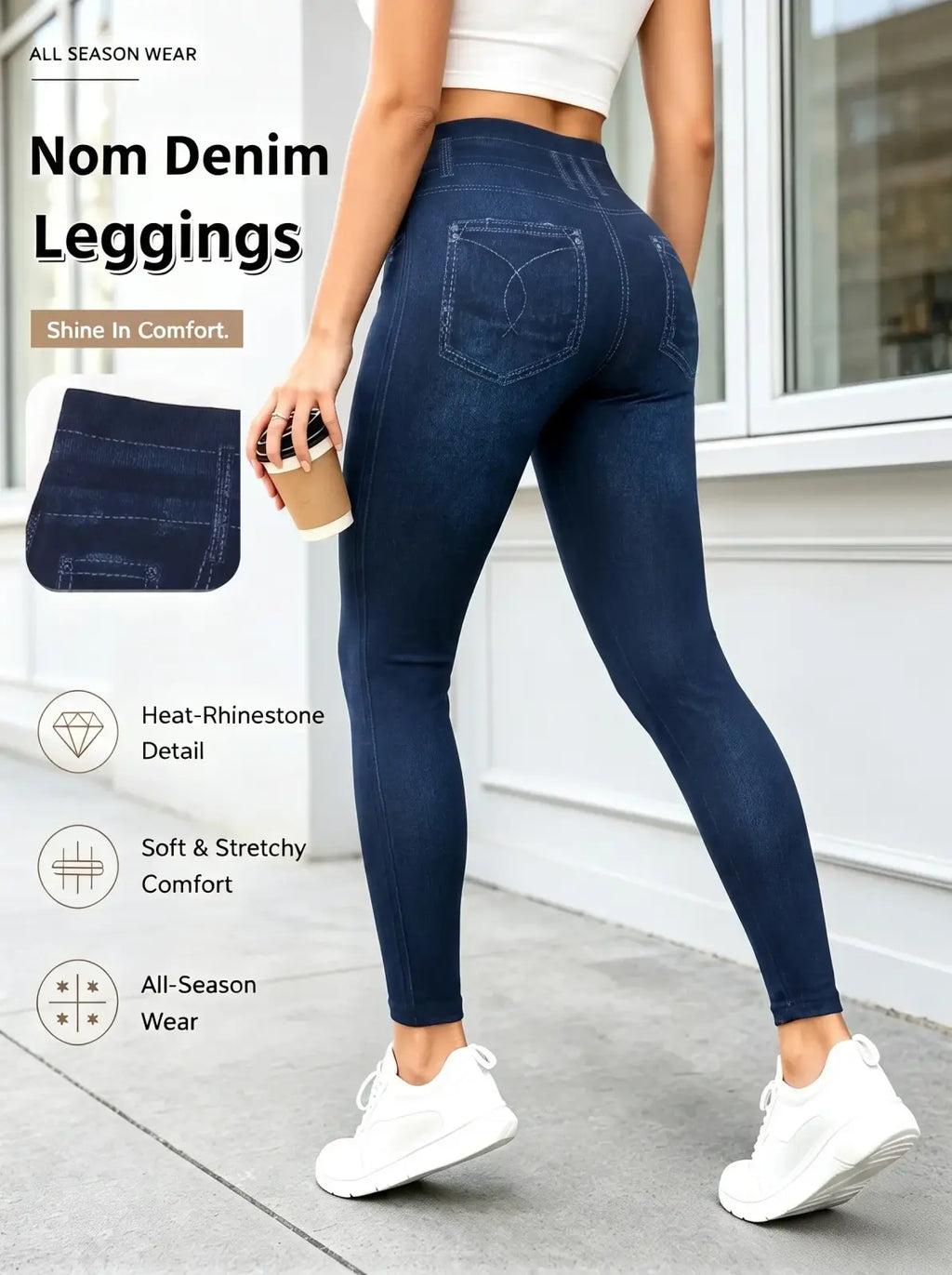 Dark blue faux denim leggings with high waist ankle length and heat rhinestone detail front view