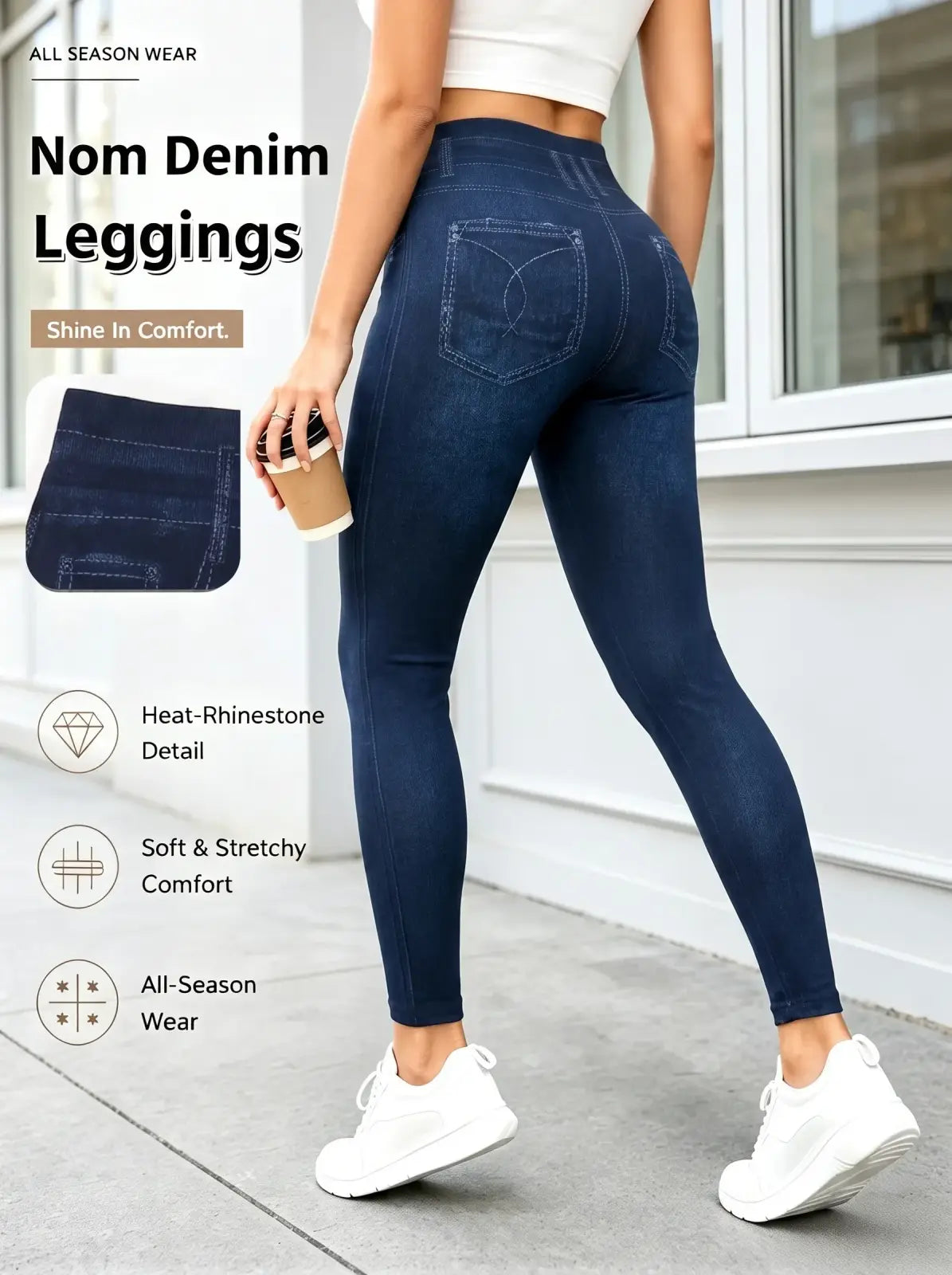 Dark blue faux denim leggings with high waist ankle length and heat rhinestone detail front view