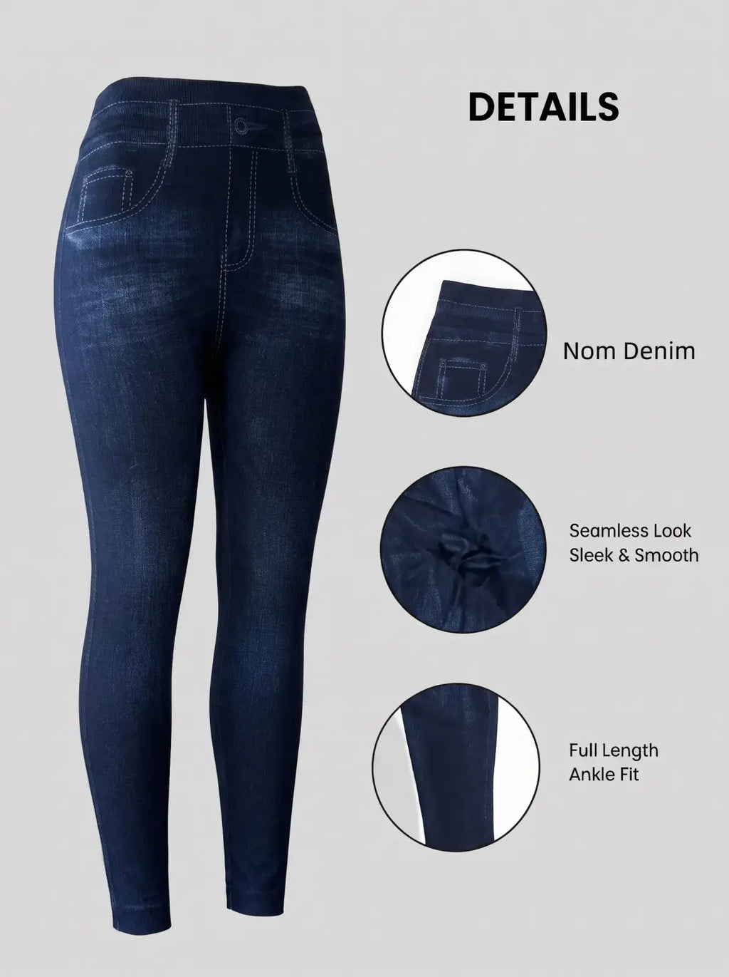 Dark blue faux denim high waist leggings with seamless sleek fit and ankle length in smooth fabric