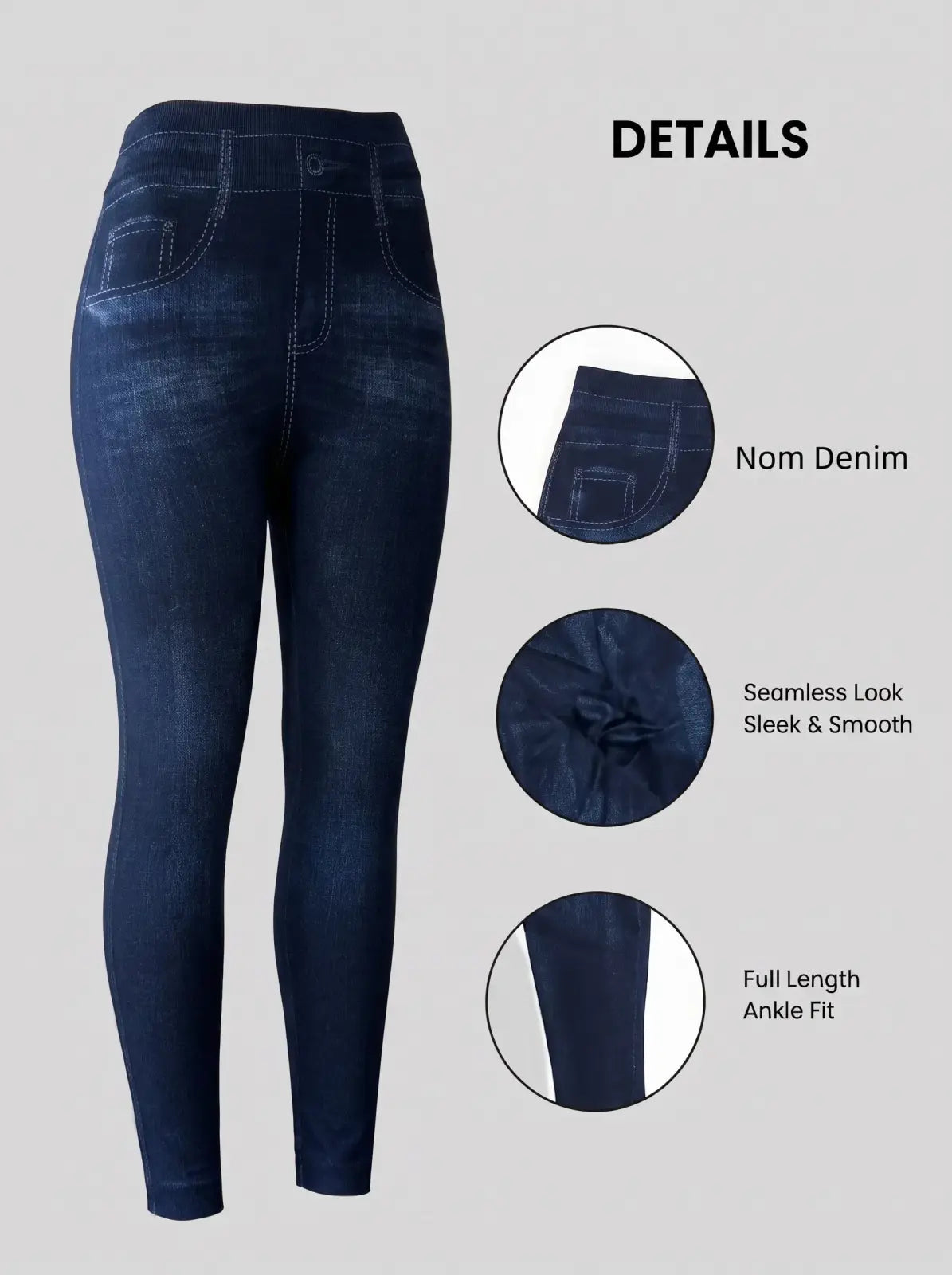 Dark blue faux denim high waist leggings with seamless sleek fit and ankle length in smooth fabric