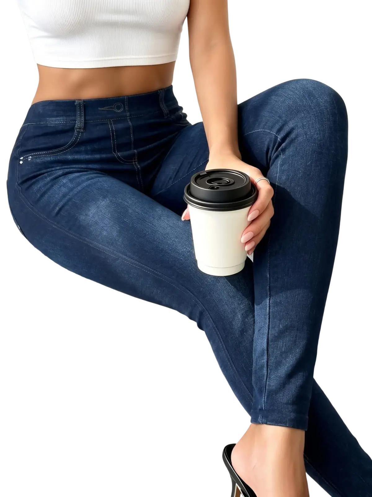 Dark blue faux denim leggings high waist ankle length styled with a ribbed white crop top front view