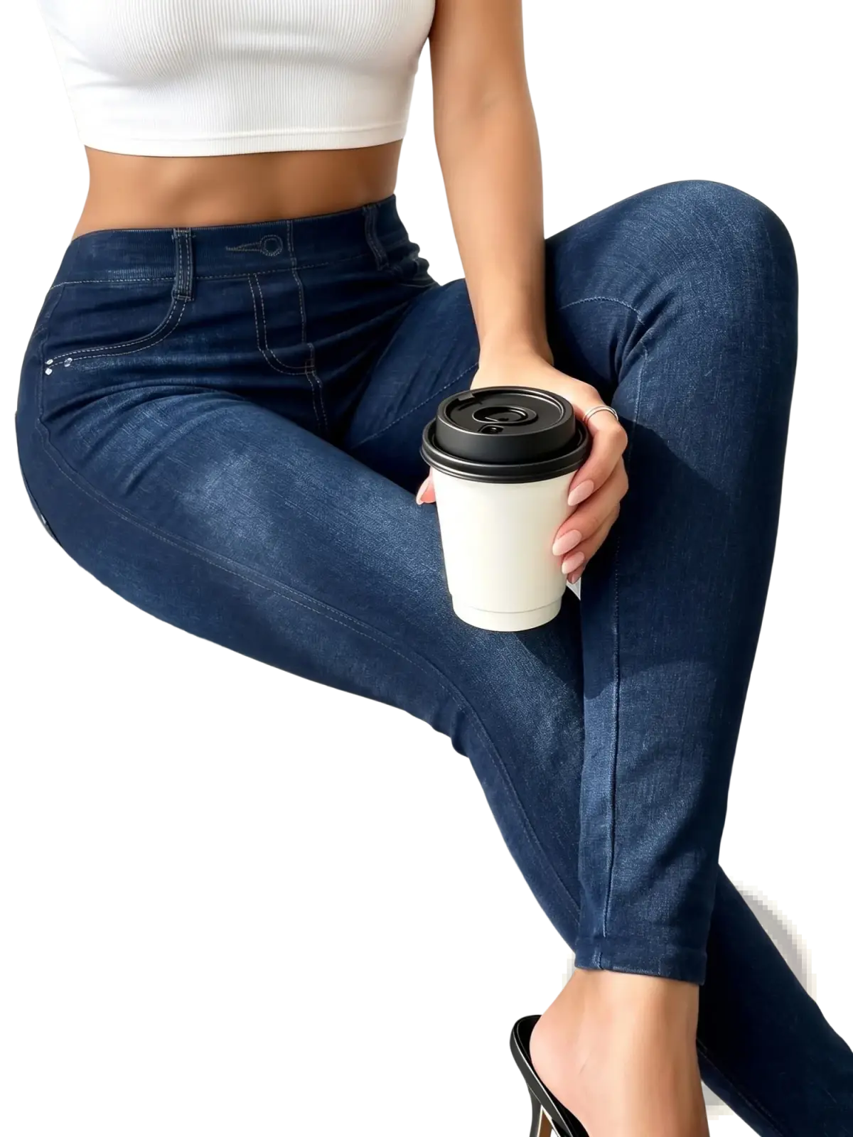 Dark blue faux denim leggings high waist ankle length styled with a ribbed white crop top front view