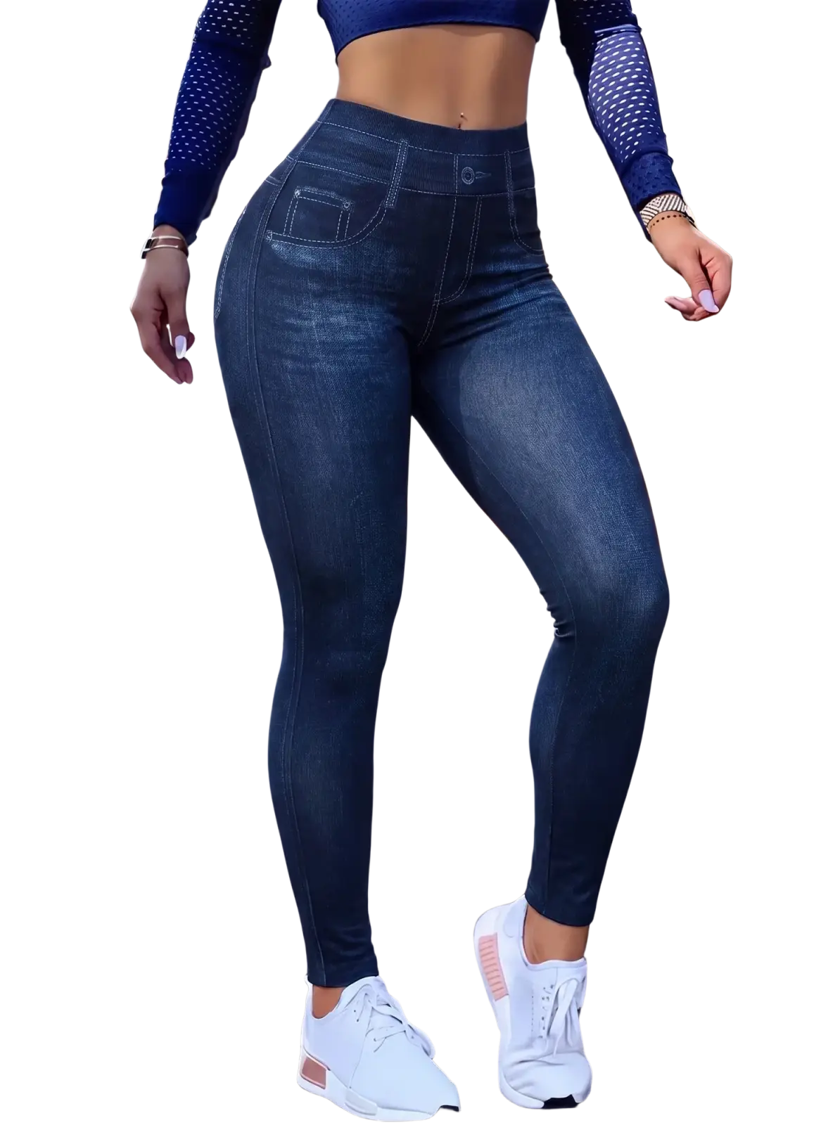 Dark blue high waist ankle length faux denim leggings with subtle denim texture and front pocket detail