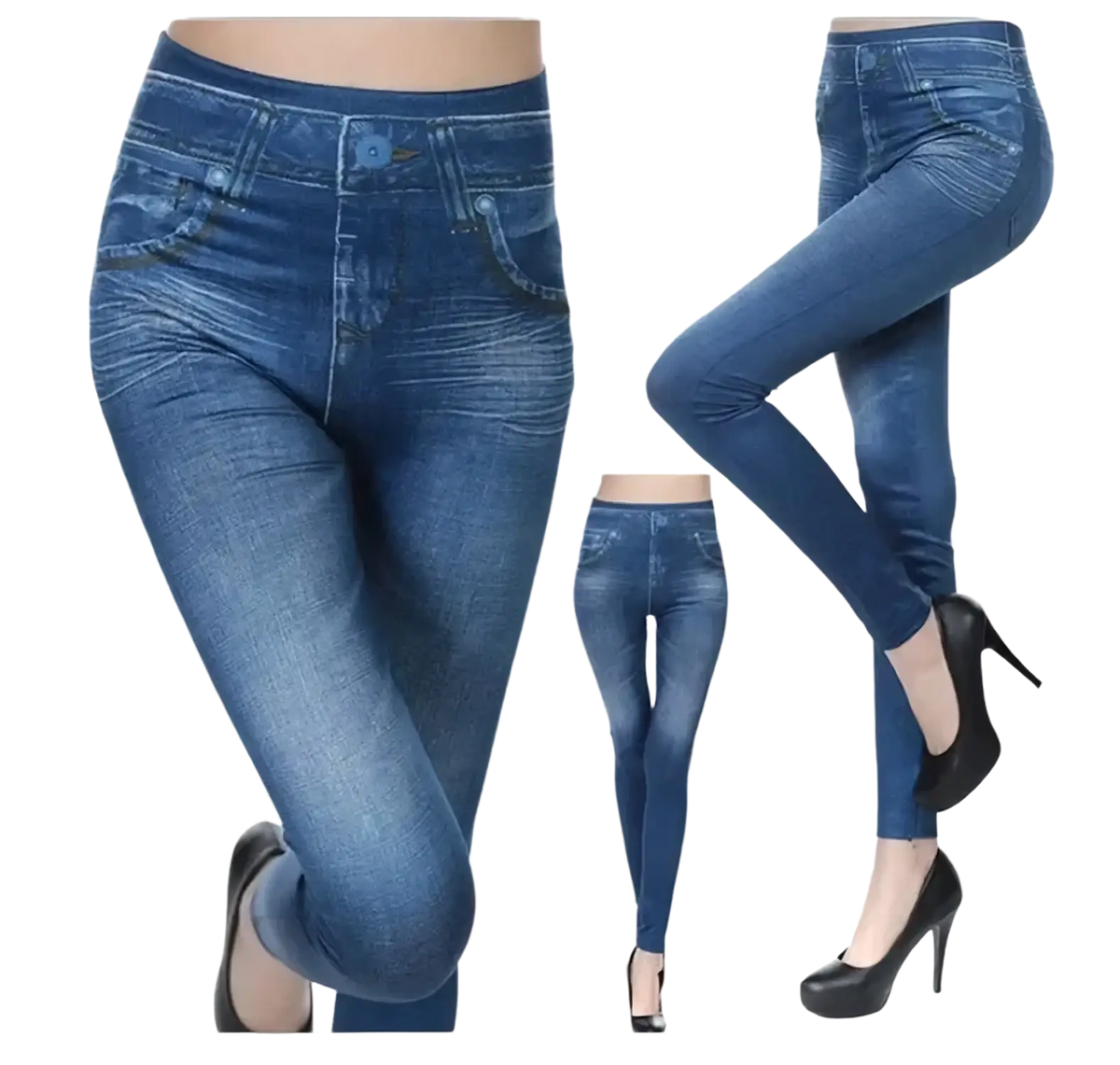 Blue denim high waisted faux denim leggings with stretchy fitted design and classic jeans style pockets front view