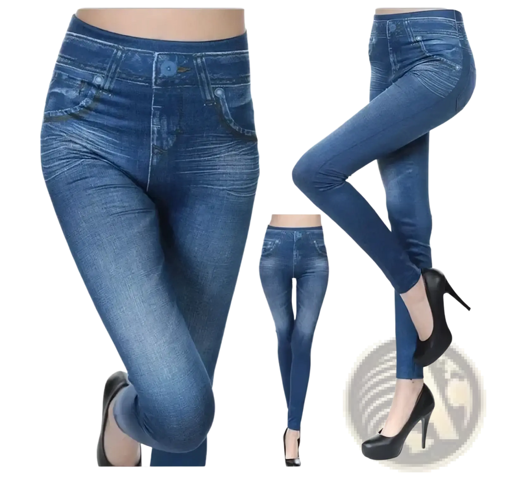 Blue denim faux denim high waisted plus size leggings with fitted stretchy design and classic jeans style pockets