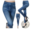 Blue denim faux denim high waisted plus size leggings with fitted stretchy design and classic jeans style pockets