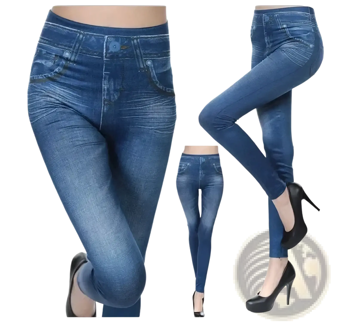 Blue denim faux denim high waisted plus size leggings with fitted stretchy design and classic jeans style pockets