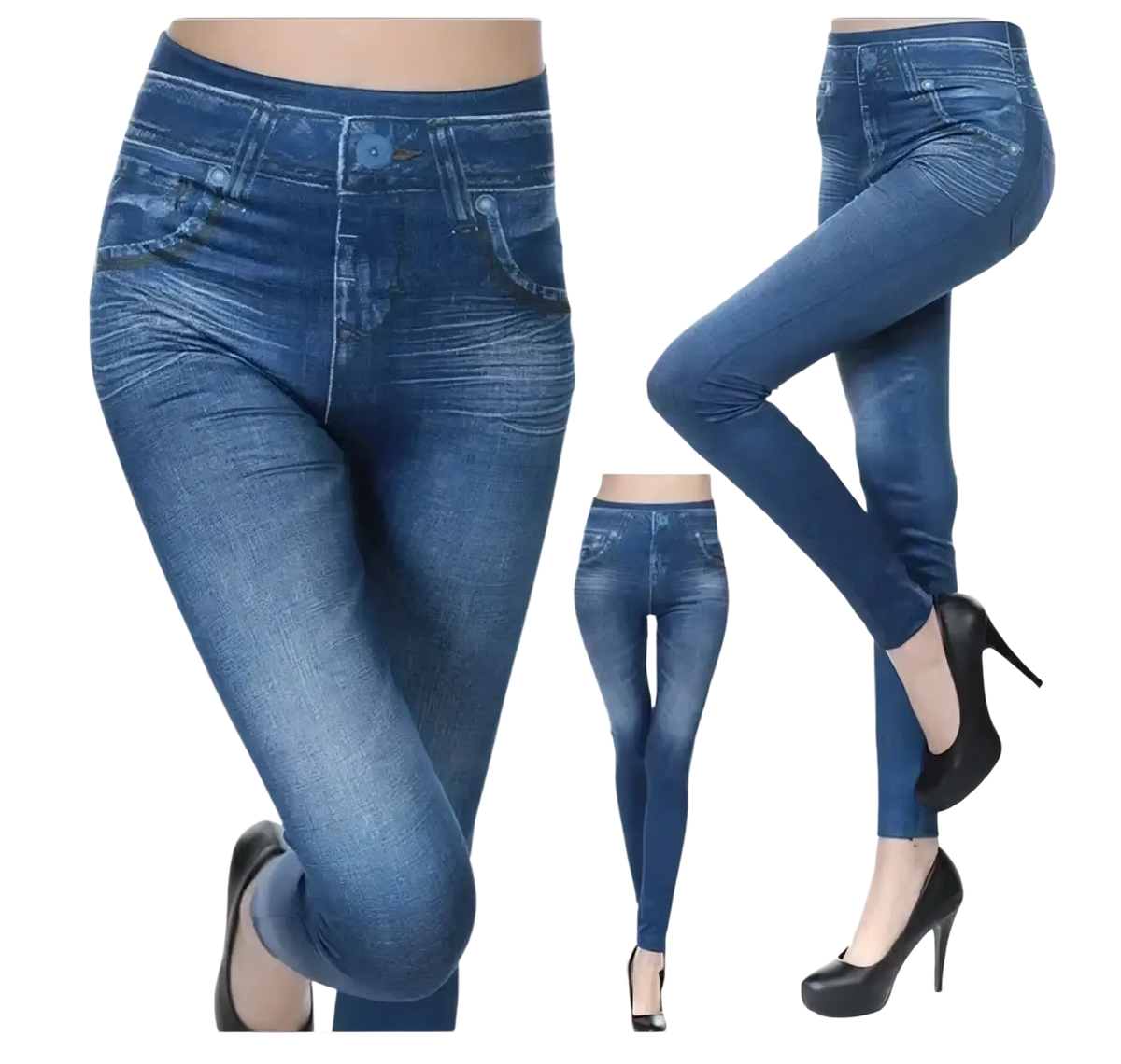 Blue denim faux denim high waisted plus size leggings with fitted stretchy design and classic jeans style pockets