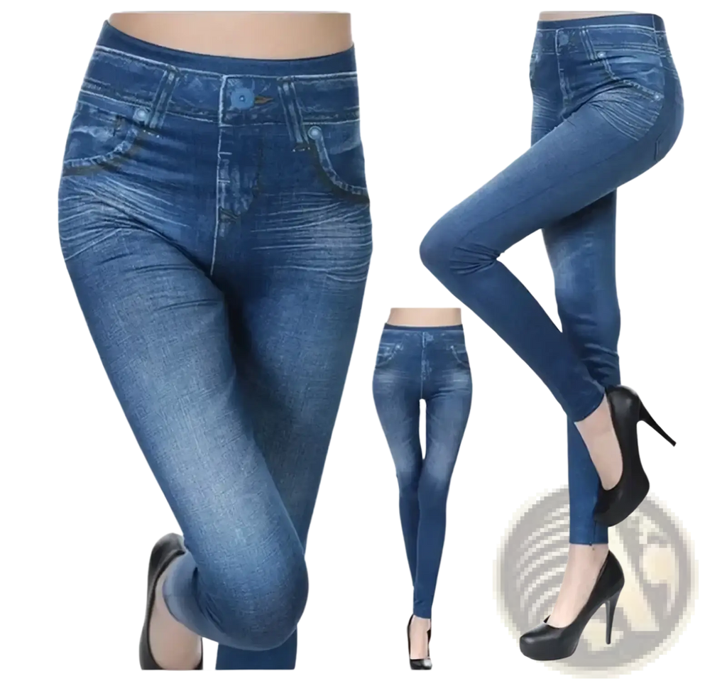 Blue denim high waisted faux denim leggings with stretchy fitted design and classic jeans style pockets front view