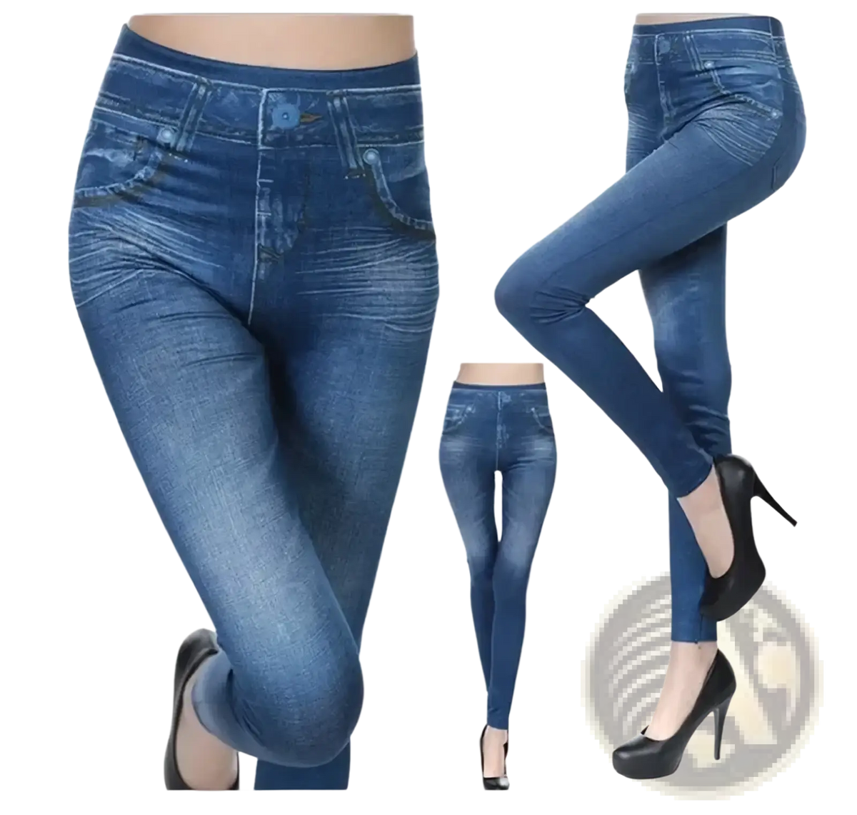 Blue denim high waisted faux denim leggings with stretchy fitted design and classic jeans style pockets front view