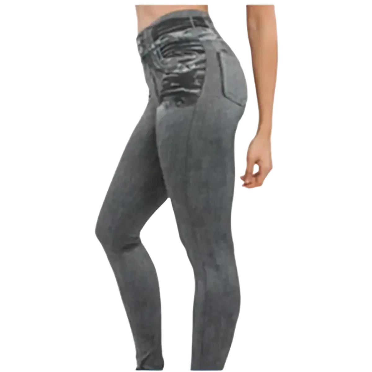 Faux denim leggings high waisted plus size in dark gray with subtle distressed texture and classic five-pocket design