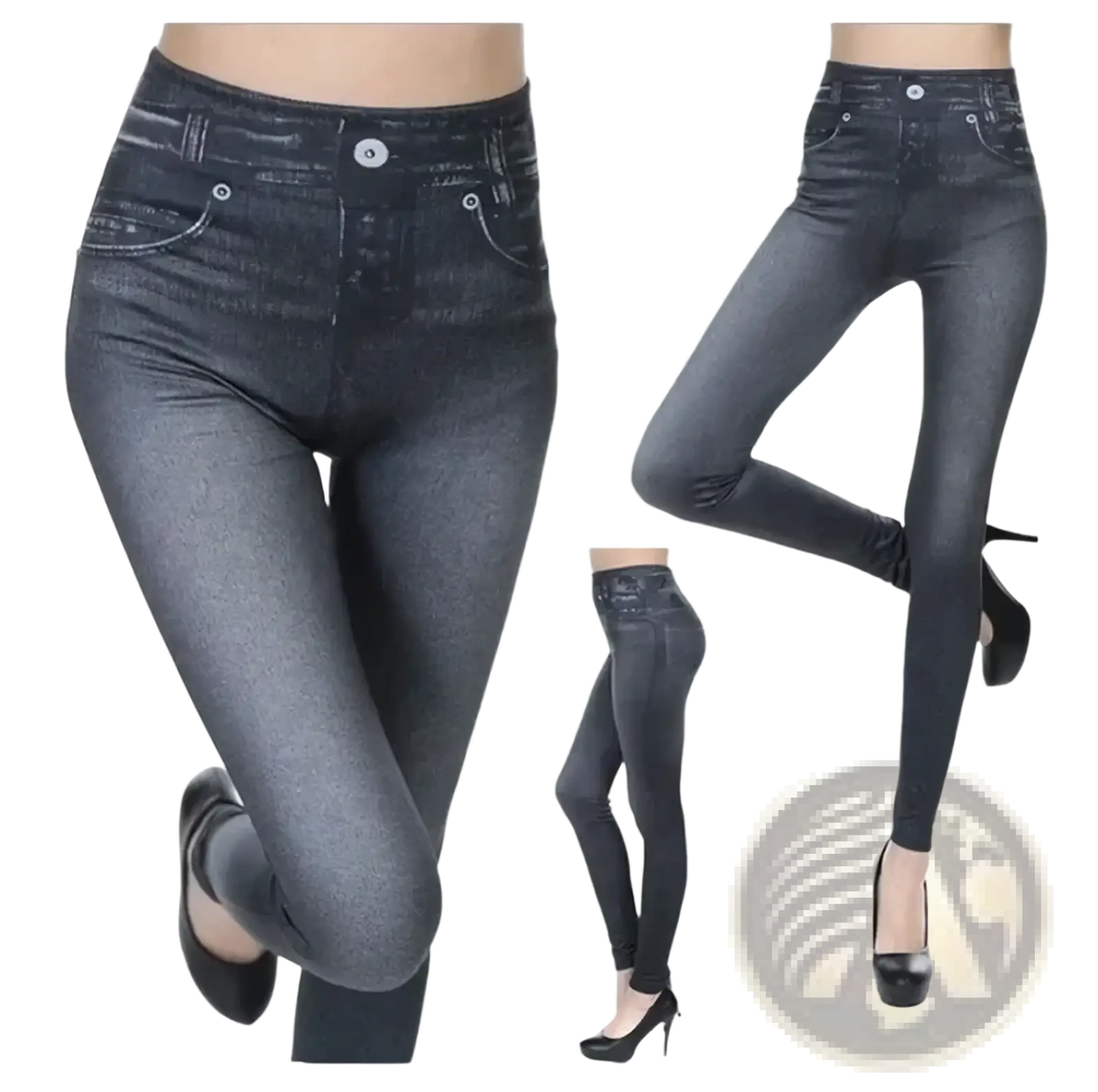 High waisted faux denim leggings in dark gray with slim fit and subtle distressed texture plus size design