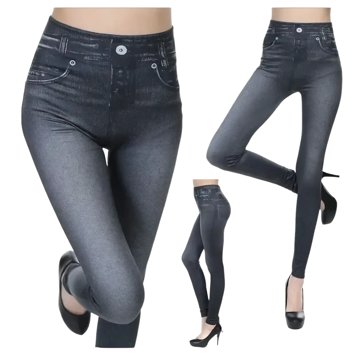 Dark gray faux denim high waisted plus size leggings with fitted stretchy design and classic jeans style pockets