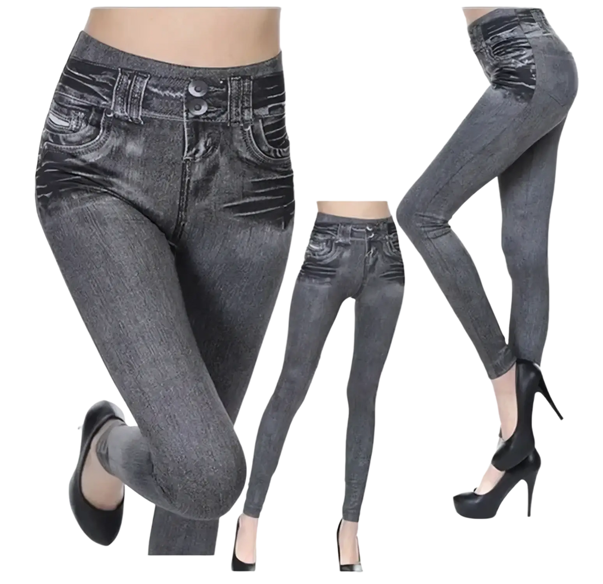 High-waisted plus size faux denim leggings in gray with realistic fabric texture and classic jean design details