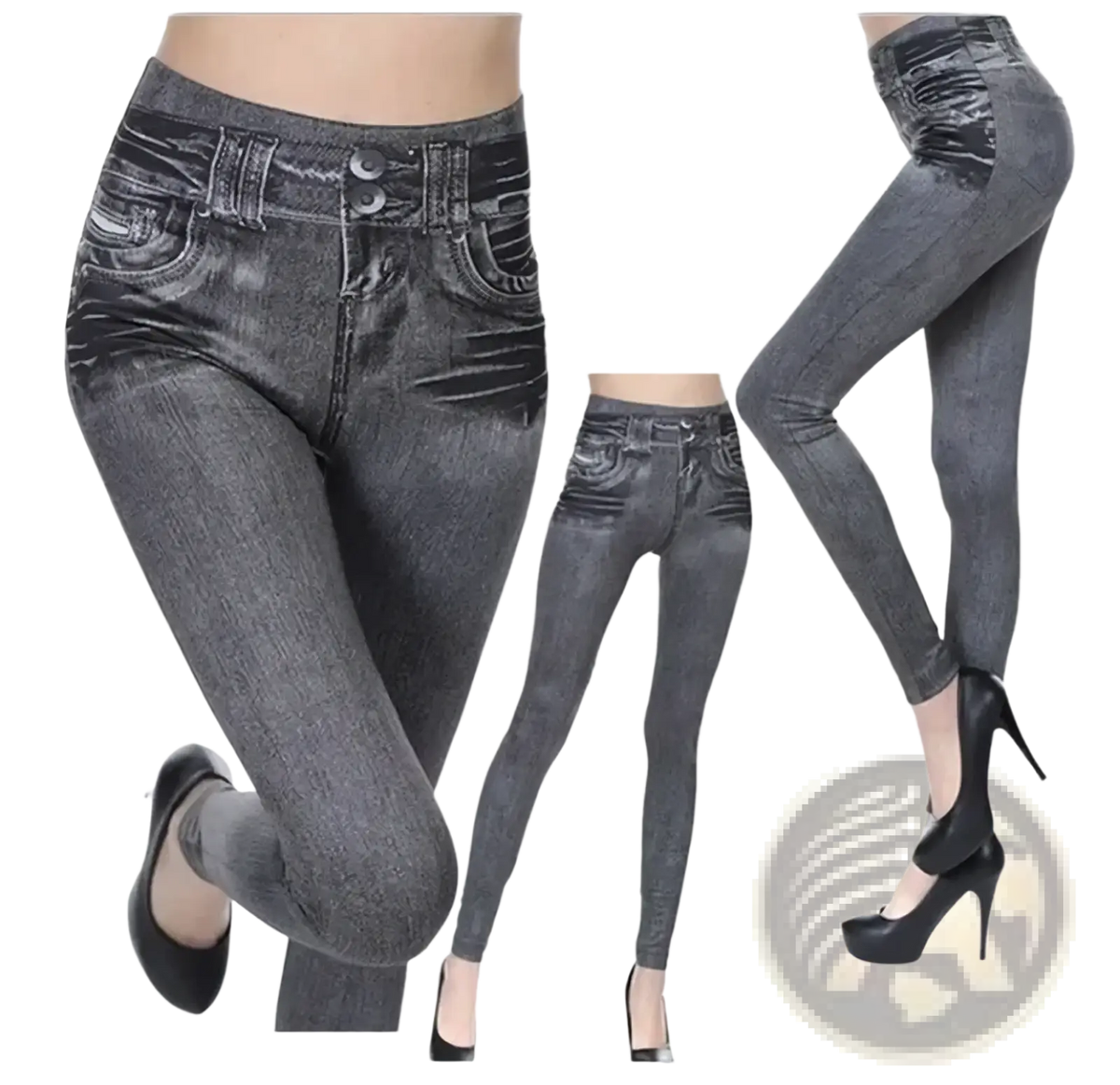 High-waisted plus size faux denim leggings in gray with realistic fabric texture and classic jean design details