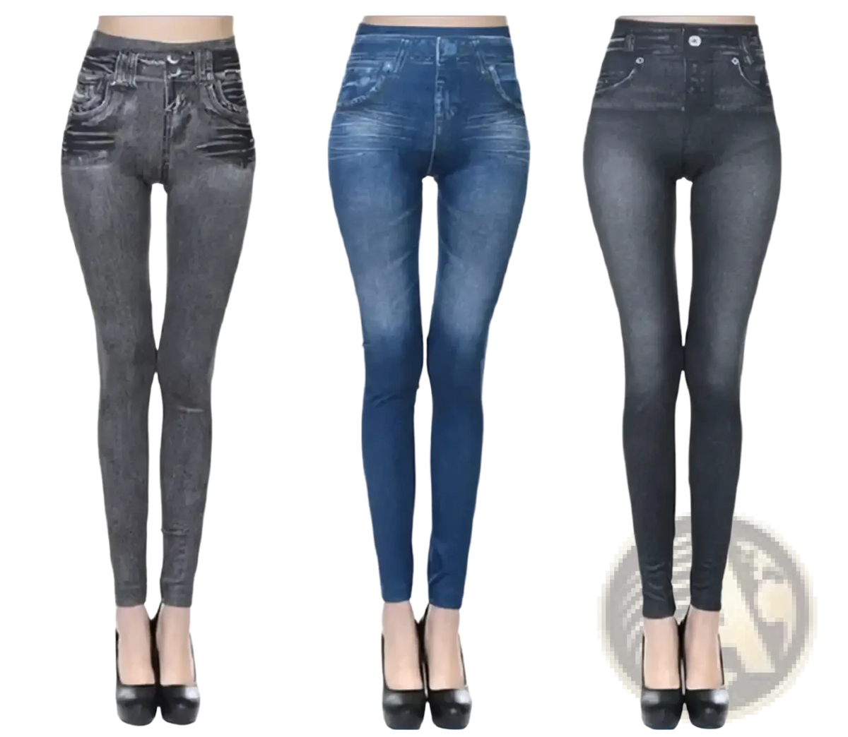 Three pairs of high waisted slim fit faux denim leggings in distressed gray classic blue and solid black plus size